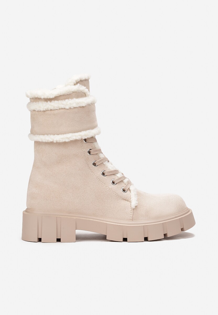 Beżowe Botki Workery na Grubej Podeszwie z Futerkiem Valiro