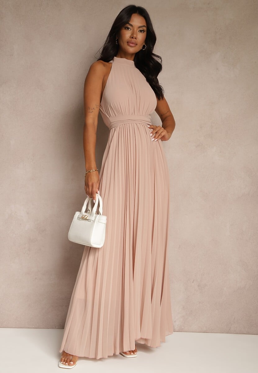 Jasnoróżowa Sukienka Maxi bez Rękawów z Gumką w Talii z Plisowanej Tkaniny Pesstia