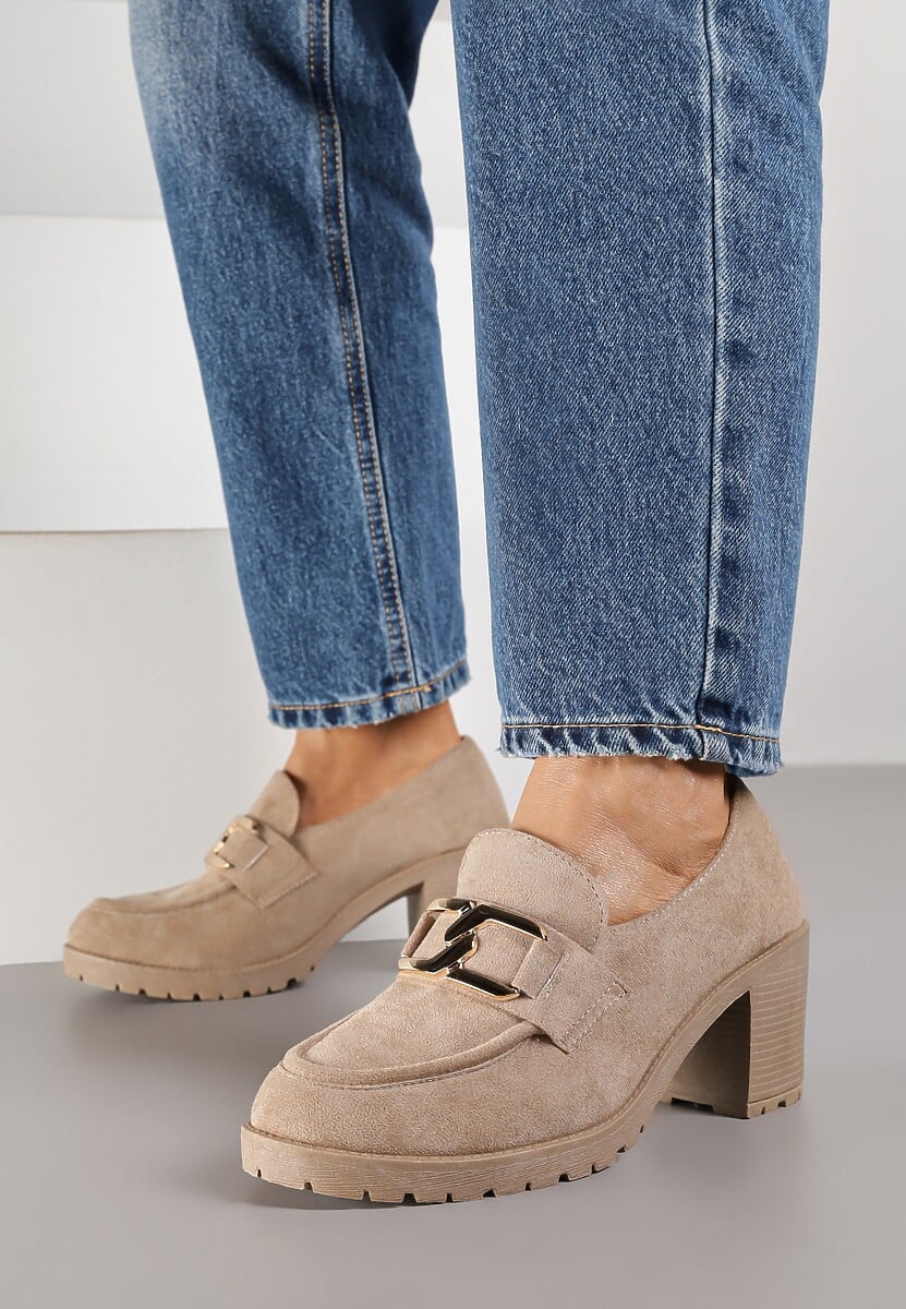 Ciemnobeżowe Półbuty na Grubej Podeszwie i Słupku z Przeszyciami i Klamrą Nizhoni