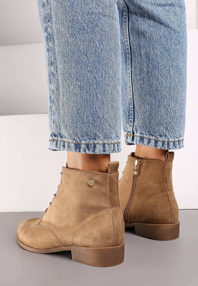 Ciemnobeżowe Wiązane Botki na Płaskiej Podeszwie Erithara