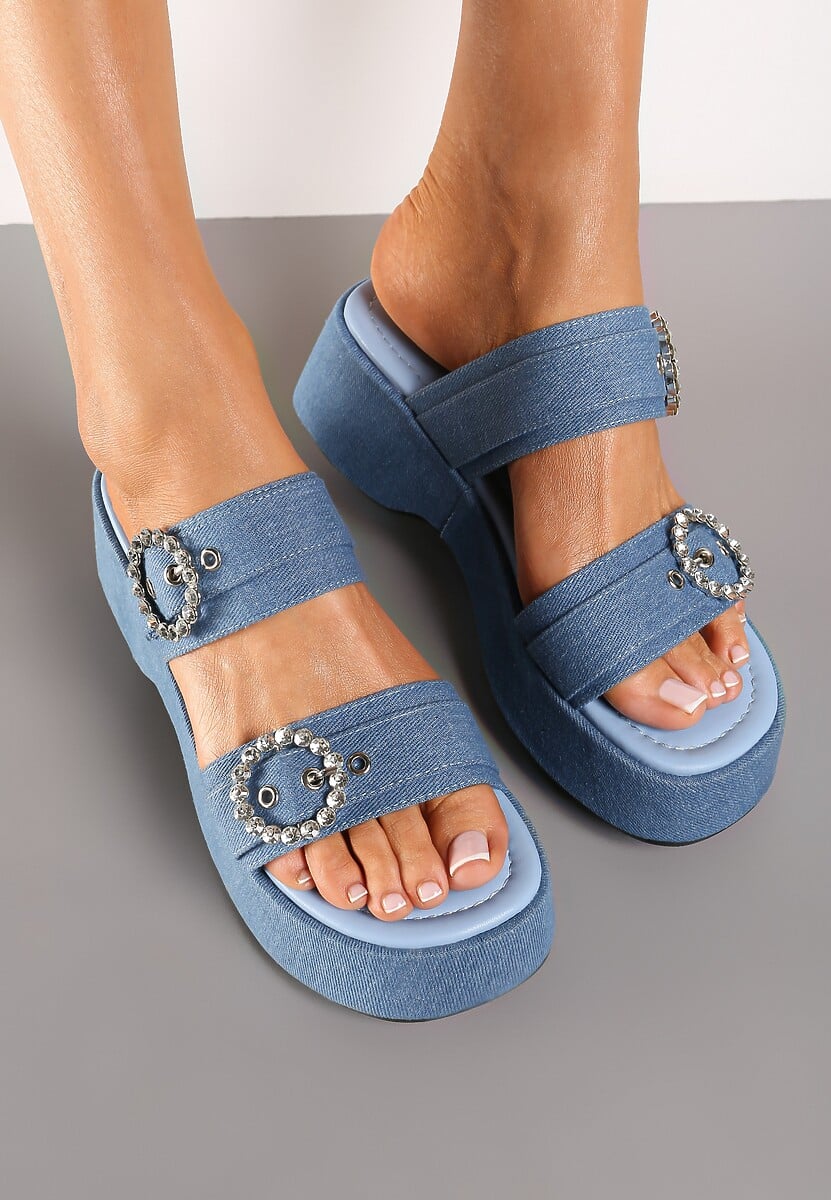 Niebieskie Wsuwane Klapki Ozdobione Cyrkoniami i Klamrami Miriala