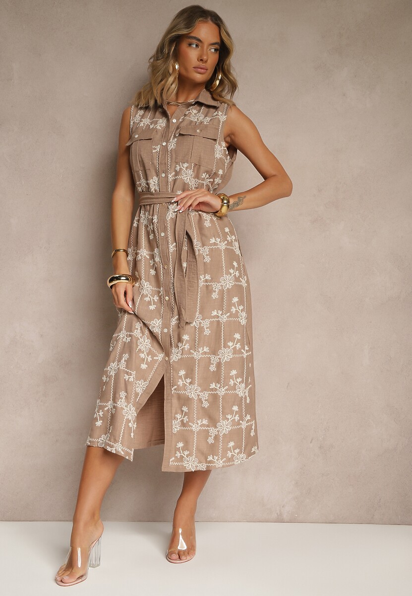 Ciemnobeżowa Sukienka Koszulowa z Wiązanym Paskiem i Haftowanym Zdobieniem Malenea