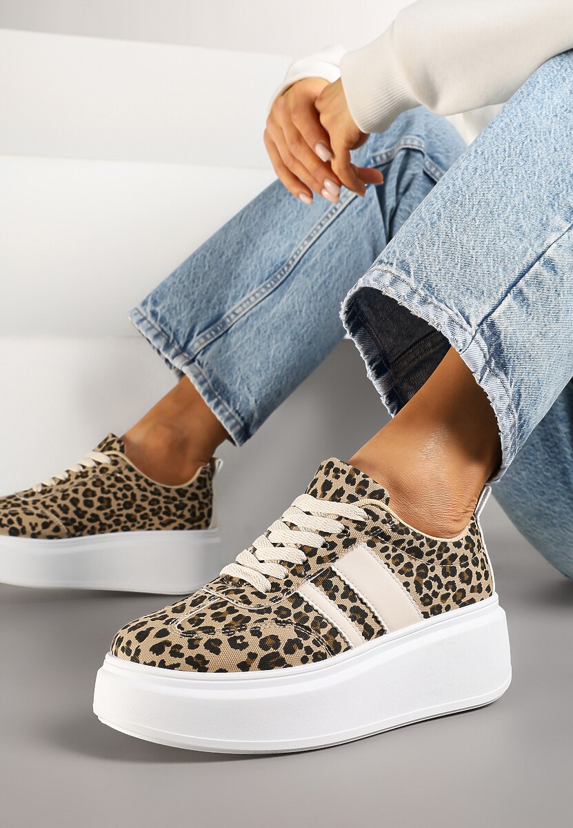 Ciemnobeżowe Sneakersy Klasyczne Tenisówki na Grubej Podeszwie z Koturnem i Paskami Ozdobionymi Printem  w Łaty Adessia