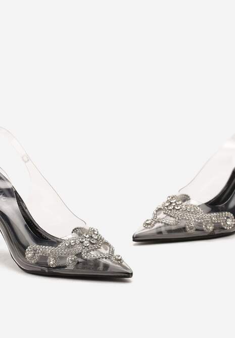 Czarne Transparentne Sandały na Klepsydrowej Szpilce z Cyrkoniami i Odkrytą Piętą Nadifra