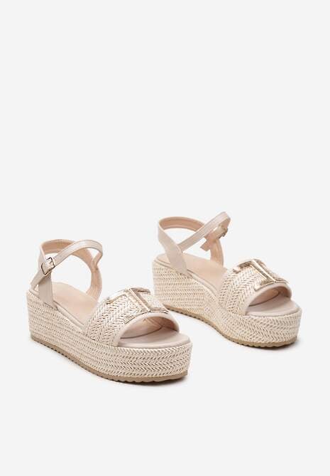 Beżowe Sandały na Platformie Ozdobione Plecionką Jutową i Klamerką Nehelenia