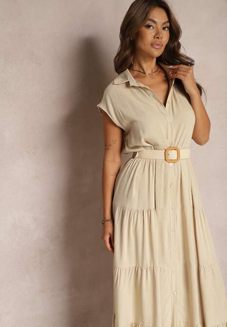 Beżowa Taliowana Sukienka z Wiskozy o Rozkloszowanym Koszulowym Kroju Nemvia