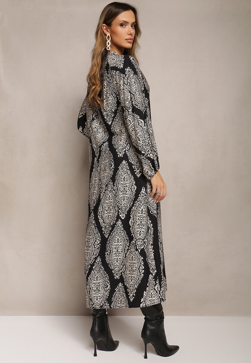 Czarna Rozkloszowana Sukienka Maxi w Fantazyjny Print Abhik