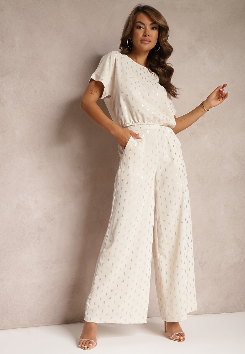 Beżowo-Złoty Casualowy Komplet Długie Spodnie i Bluzka Zakończona Gumką w Pasie Acrinna