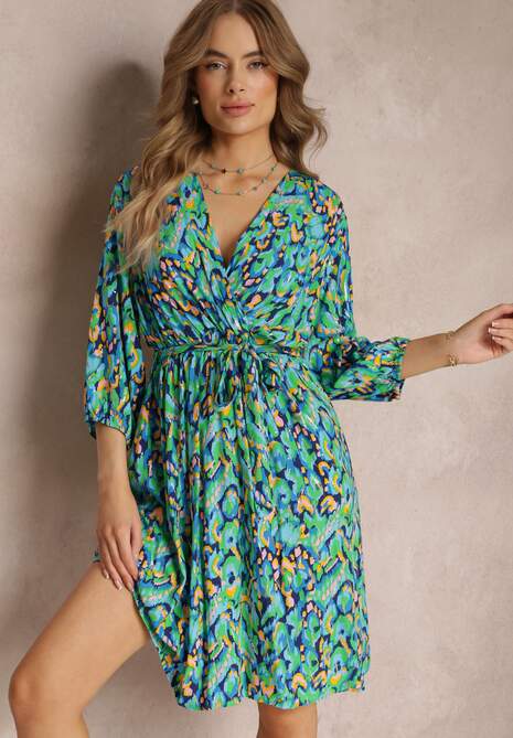 Zielona Kopertowa Sukienka Midi z Wiązanym Paskiem i Metaliczną Nitką Armellia