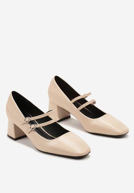 Beżowe Czółenka na Niskim Obcasie z Cienkimi Paskami i Sprzączkami Fortantia