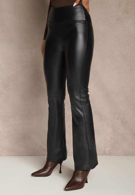 Granatowe Spodnie o Fasonie Dzwonów z Ekoskóry i z Gumką w Pasie Dawi