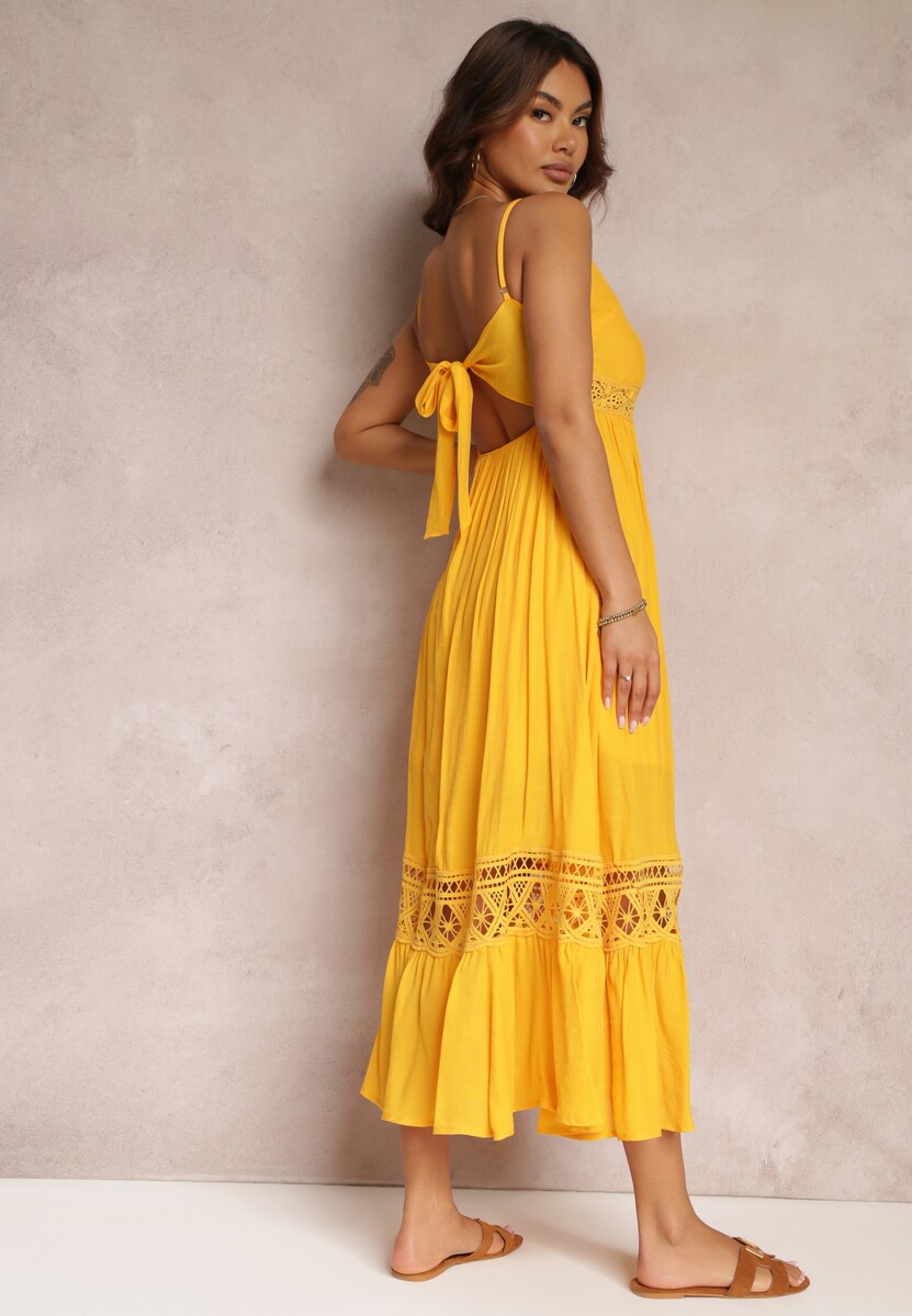Żółta Rozkloszowana Sukienka Maxi z Falbanką i Koronką Luluma