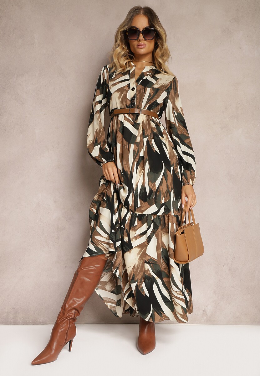 Beżowo-Brązowa Rozkloszowana Sukienka o Koszulowym Fasonie w Abstrakcyjny Print Asequa