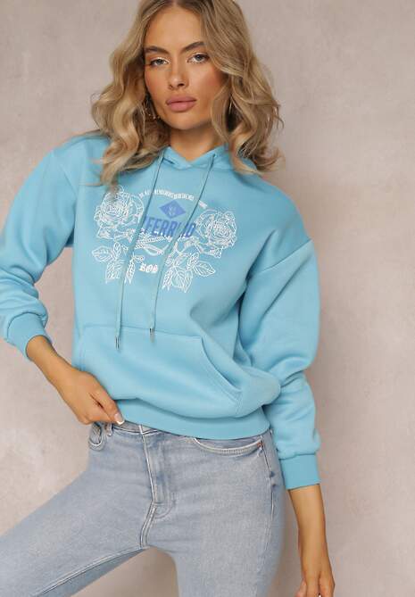 Jasnoniebieska Modna Bluza z Nadrukiem i Kapturem Ozdobiona Nadrukiem Arinalu