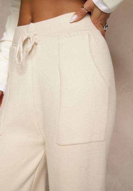 Beżowe Spodnie z Wełną ze Sznurkiem i Ozdobnymi Kieszeniami Moneressa