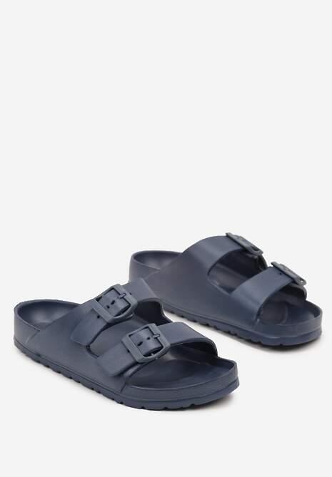 Granatowe Płaskie Klapki z Pianki z Ozdobnymi Klamerkami Neldine