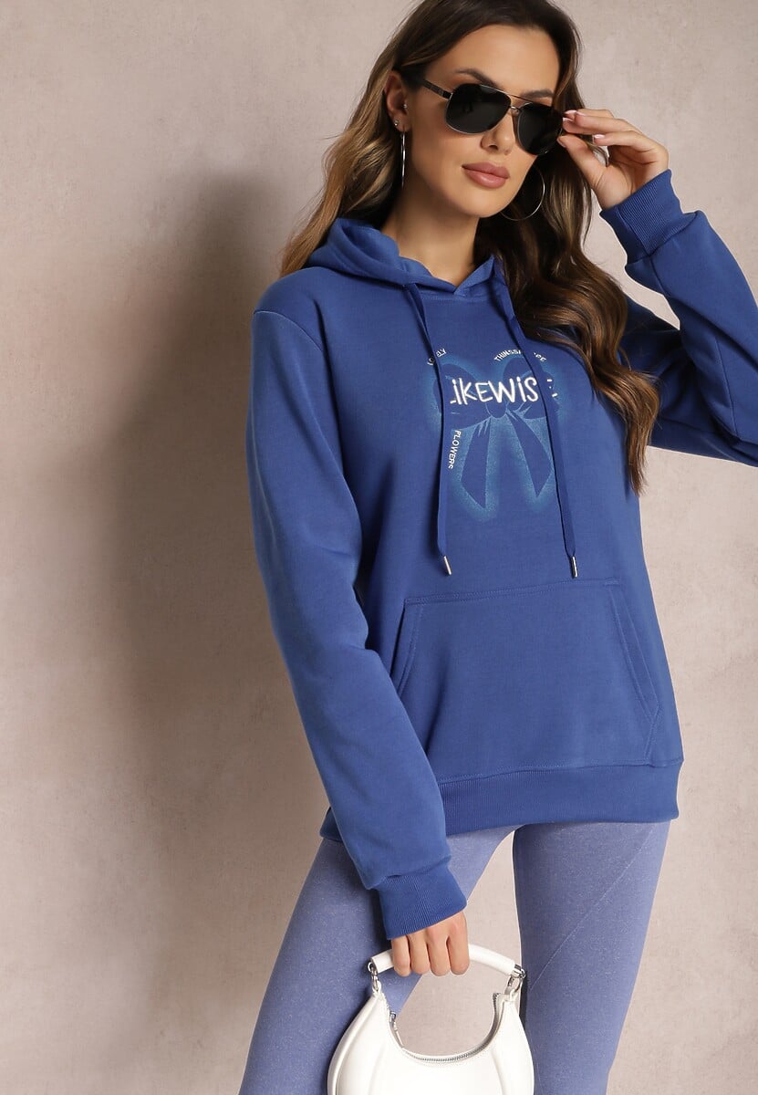 Niebieska Bluza Wykończona Polarem z Nadrukiem i Kapturem Nimba