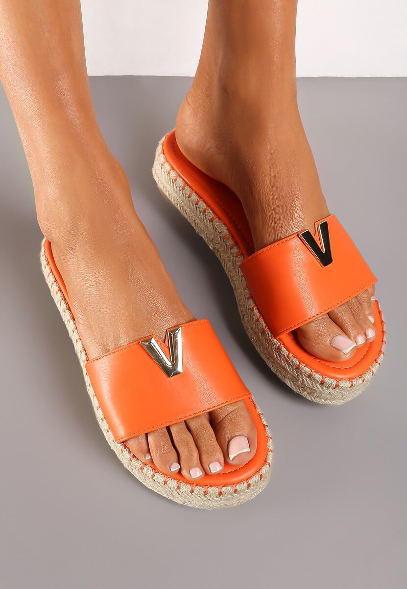 Pomarańczowe Klapki na Pasku Metalowa Ozdoba Podeszwa z Ozdobnie Plecionej Juty Raskia