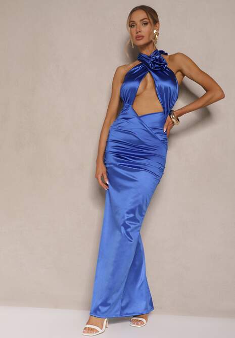 Niebieska Sukienka z Satyny Wiązana na Szyi Dopasowana z Wycięciem i Kwiatem Ronalae