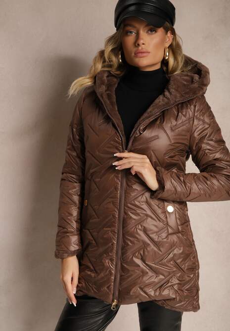Brązowa Kurtka Mocno Ocieplona z Kapturem i Pikowanymi Przeszyciami Cenirina