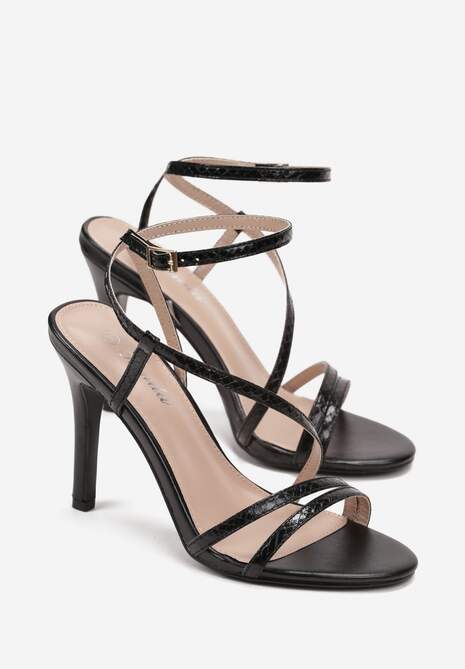 Czarne Metaliczne Sandały na Szpilce z Cienkimi Paskami z Ozdobnym Tłoczeniem Stacia