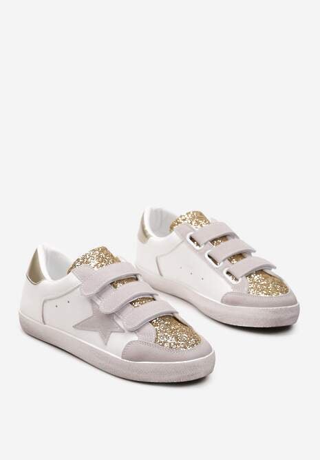 Złoto-Białe Sneakersy Ozdobione Brokatem z Rzepami Dolanda