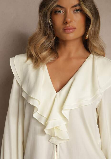 Jasnobeżowa Koszula Vices z Dekoltem z Falbanami i Bufiastymi Rękawami Zoiruna