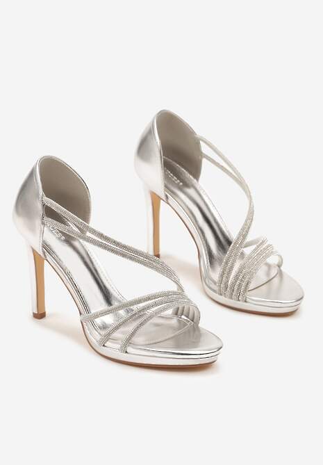 Srebrne Sandały Vices na Szpilce Ozdobione Cyrkoniami Noritia