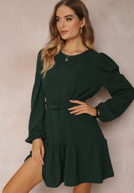 Ciemnozielona Sukienka Pudełkowa z Falbanką Leffo