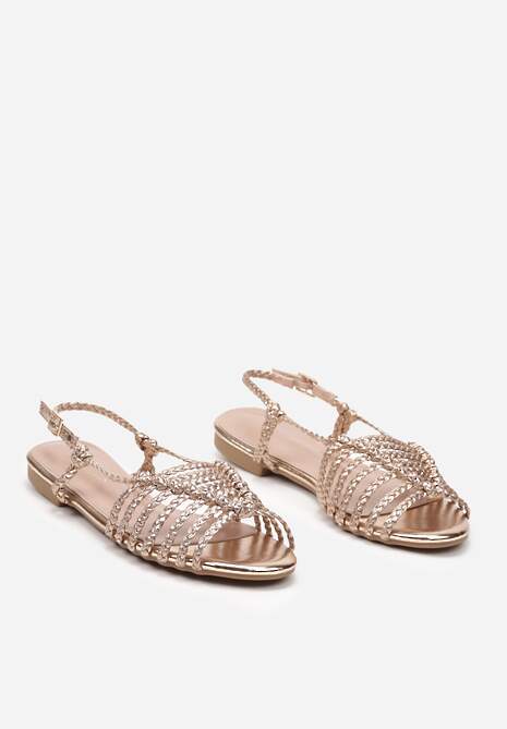 Szampańskie Płaskie Sandały z Ekoskóry z Cienkimi Paskami z Plecionki Elloise