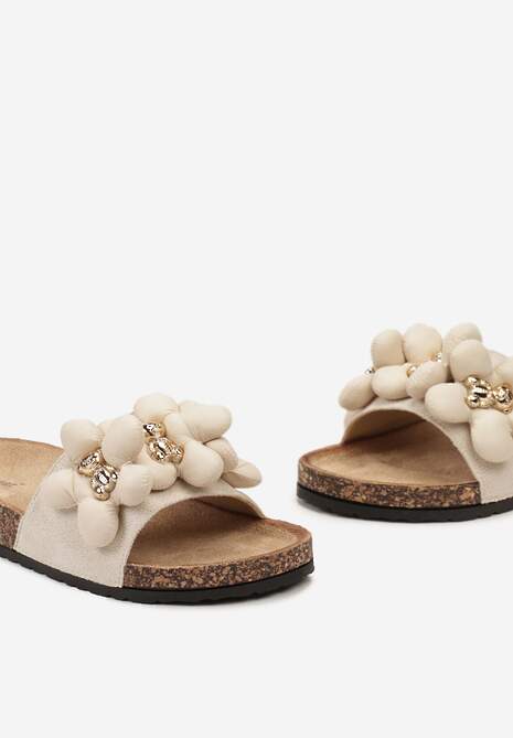 Beżowe Klapki ze Złotymi Misiami i Kwiatkami na Profilowanej Podeszwie Isaralle