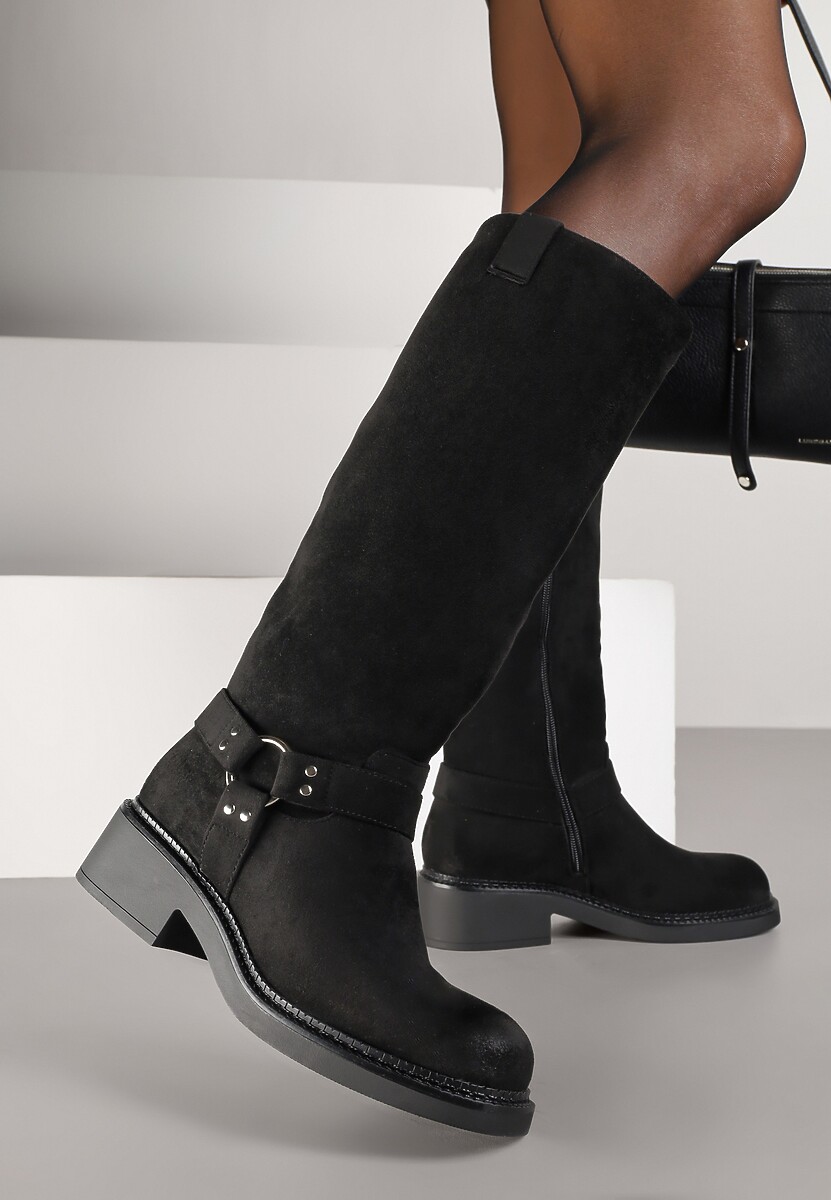 Czarne Kozaki Bikery z Metalicznymi Nitami i Klamrami Sedinea