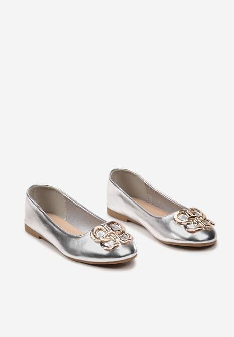 Srebrne Balerinki Klasyczne Wsuwane ze Złotą Ozdobą z Metalu Tarins