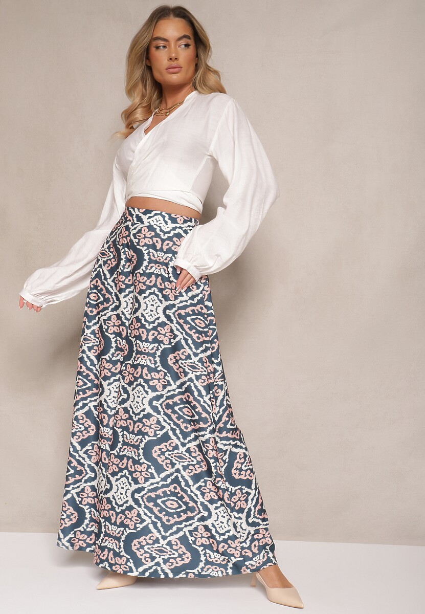 Czarne Szerokie Spodnie z Wiskozy High Waist w Geometryczny Wzór Firdexia