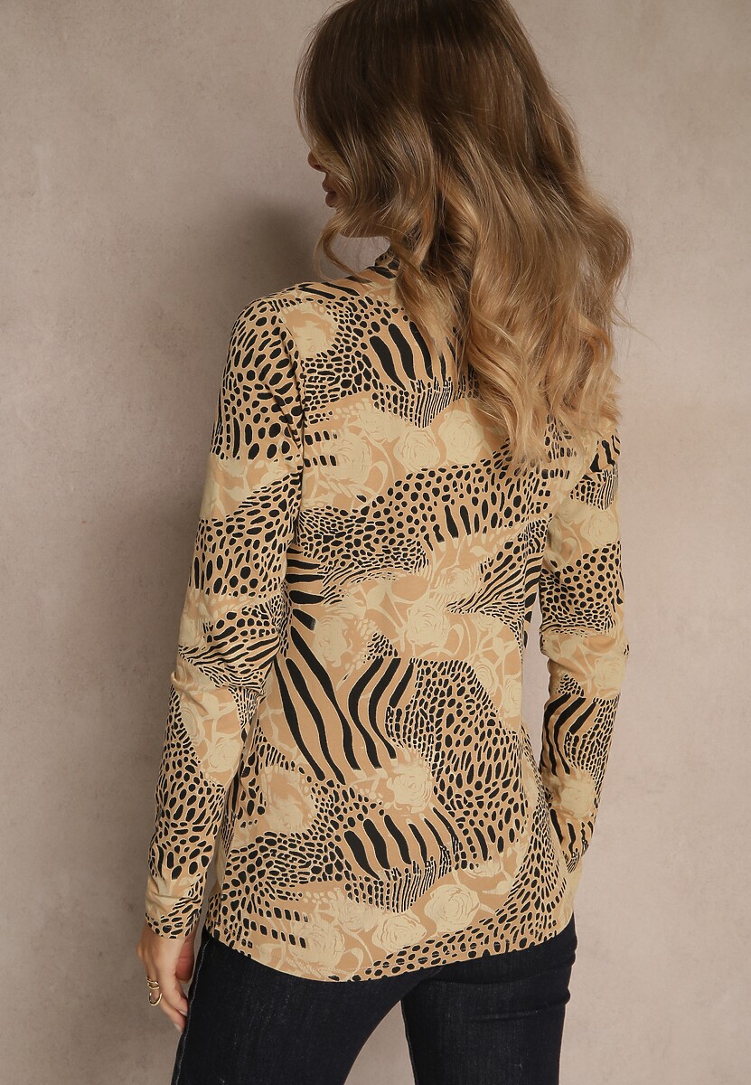 Beżowo-Czarna Bluzka Longsleeve z Bawełny z Półgolfem i Panterkowym Printem Unalla