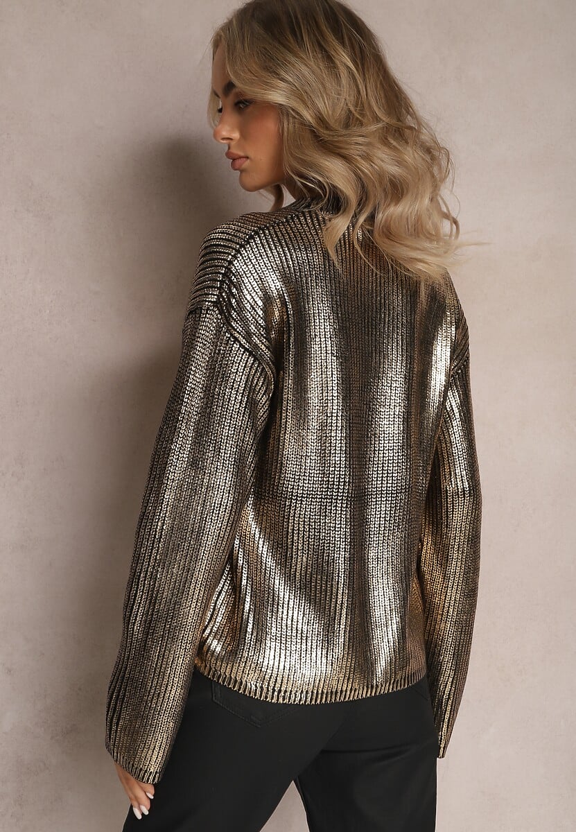 Czarno-Złoty Metaliczny Sweter z Długim Rękawem Vivalei
