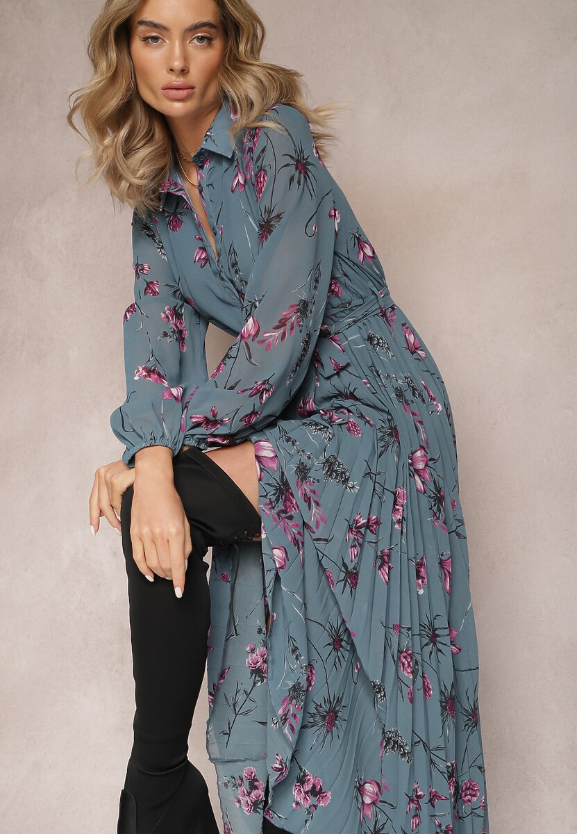 Granatowa Sukienka Plisowana w Kwiaty Emiranda