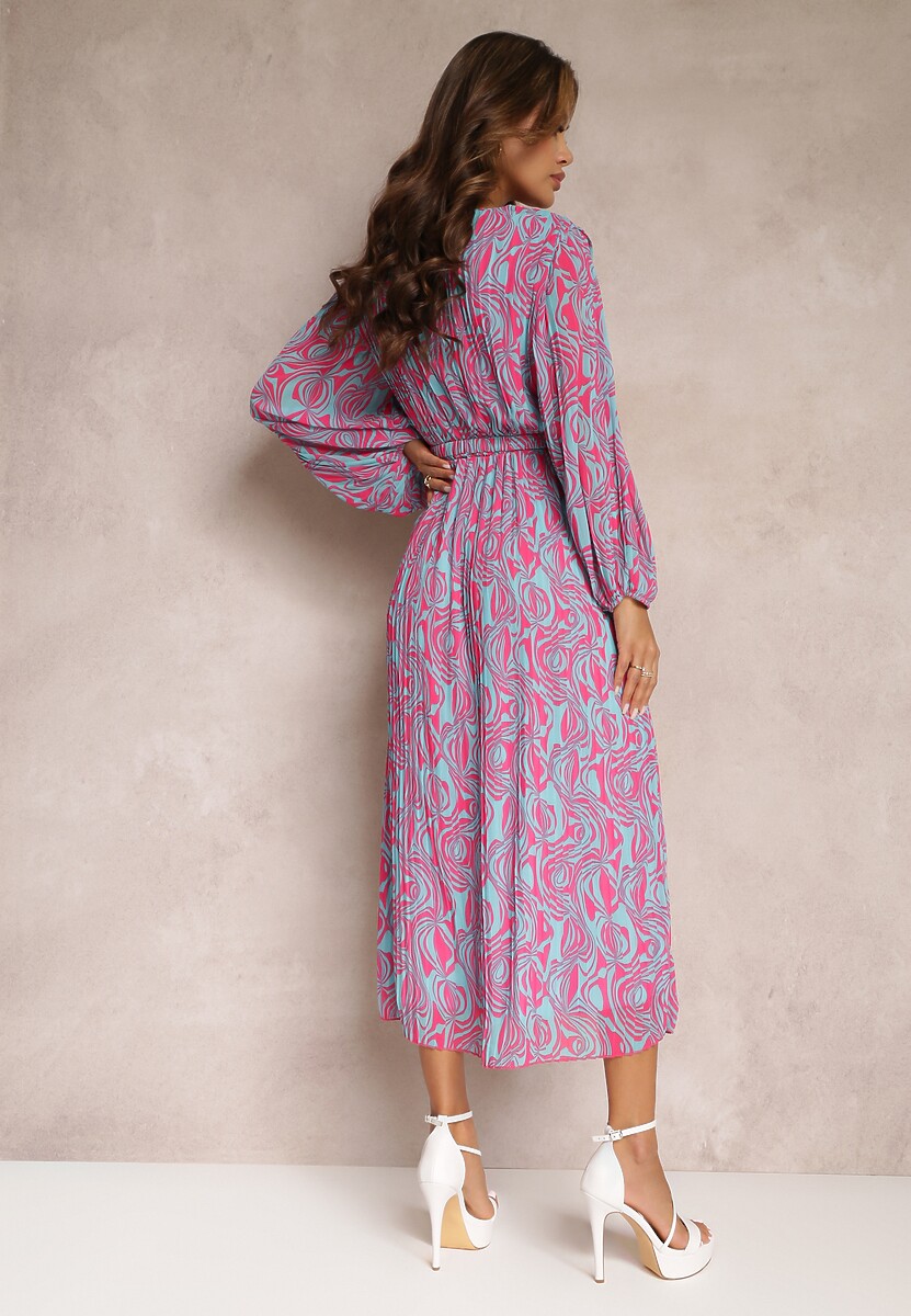 Niebieska Plisowana Sukienka Maxi z Gumką w Pasie i Materiałowym Paskiem Yuritza