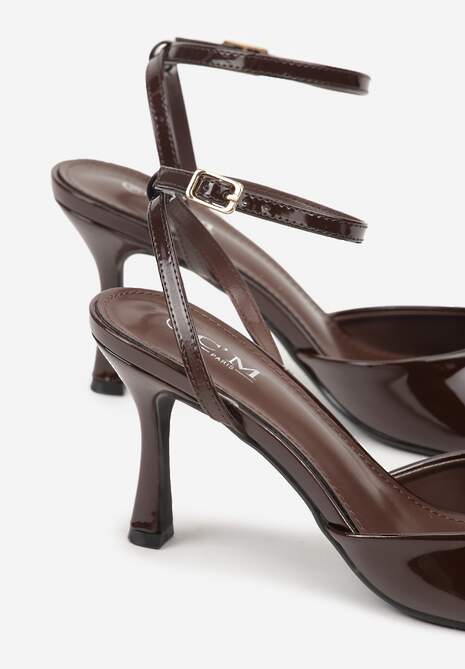 Brązowe Sandały na Szpilce z Paskiem z Klamerką i Lakierowanym Połyskiem Celafere
