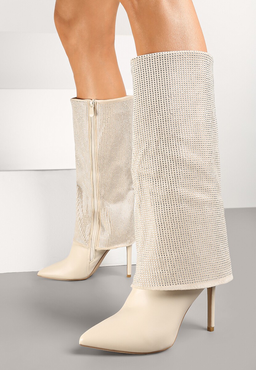 Beżowe Cyrkoniowe Kozaki na Obcasie Typu Szpilka z Cholewką Imitującą Nogawkę Valentila