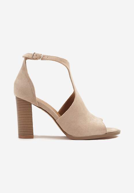Ciemnobeżowe Sandały na Obcasie Typu Słupek ze Szpiczastym Noskiem i Sprzączką Danowinn