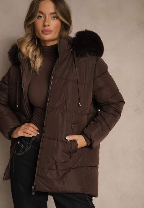 Brązowa Klasyczna Kurtka z Pikowanymi Przeszyciami i Kapturem z Futrem Mundrie