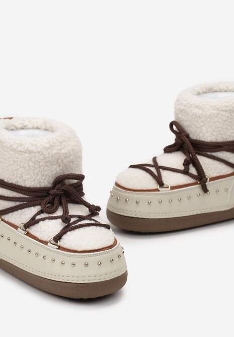 Beżowe Śniegowce z Ozdobnym Sznurowaniem Ćwiekami i Futerkiem Covesa