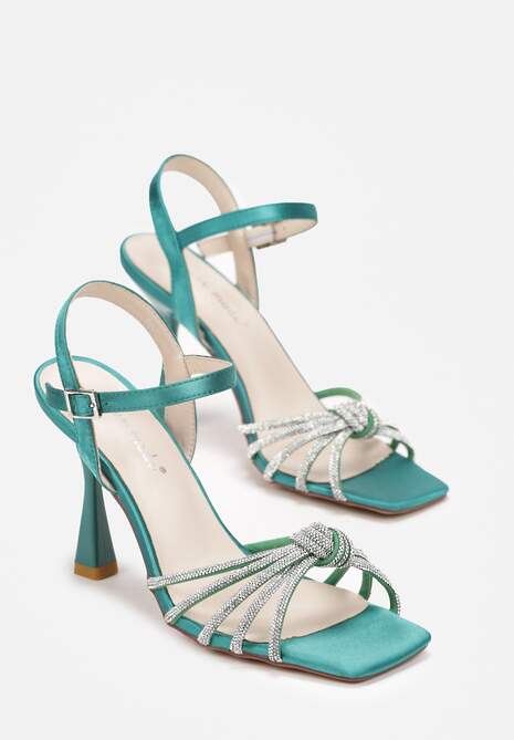 Zielone Sandały z Cyrkoniami i Supełkiem na Ozdobnej Szpilce Zamme