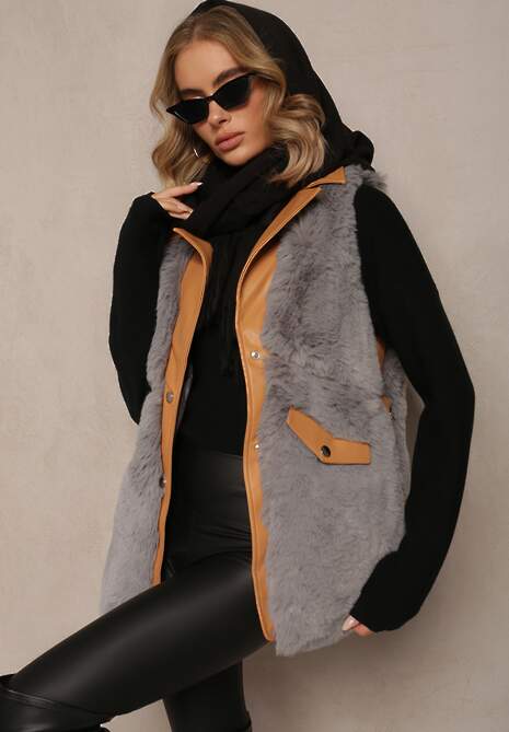 Szara Futrzana Kamizelka ze Wstawkami z Imitacji Skóry Plinia