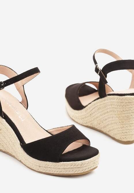 Czarne Sandały na Koturnie z Plecionką i Skórzaną Wkładką  w Stylu Boho Novalea
