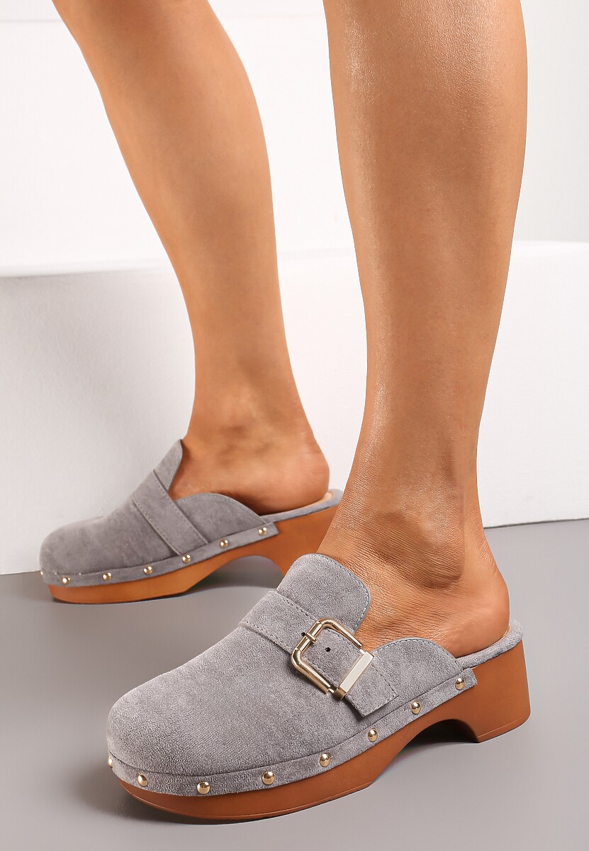 Szare Klapki Chodaki na Niskim Słupku z Nitami i Paskiem z Klamrą Anquia