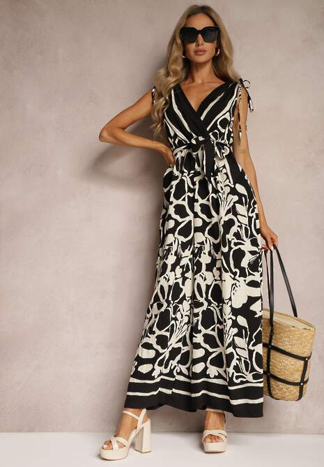 Czarno-Biały Kombinezon z Dodatkiem Wiskozy Paskiem w Talii i Kopertowym Dekoltem Paratia