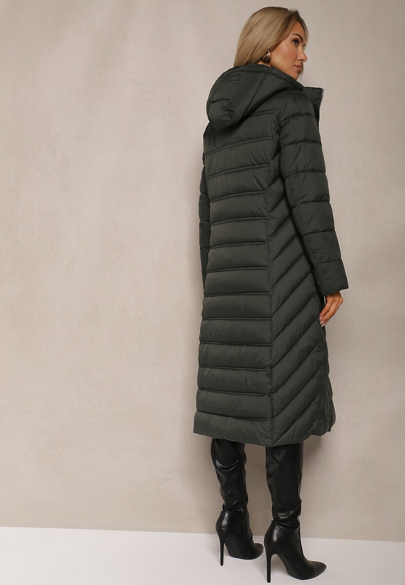 Ciemnozielona Długa Kurtka z Pikowanymi Przeszyciami i Kapturem z Możliwością Odpięcia Realithra