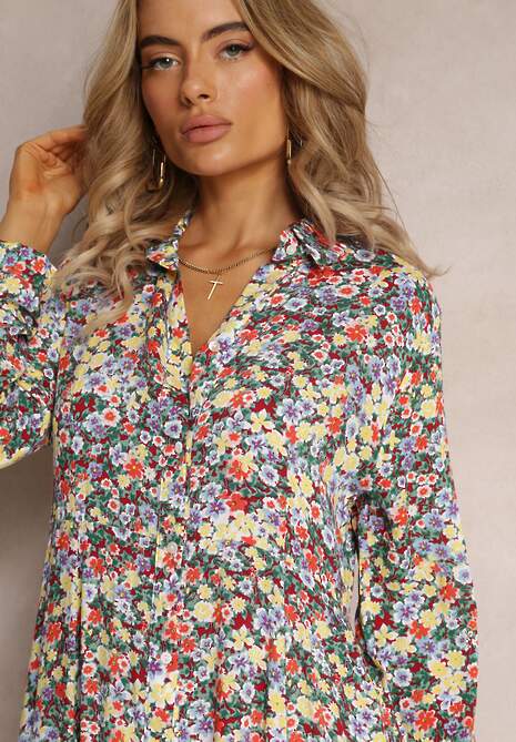 Żółto-Niebieska Sukienka Koszulowa w Kwiaty Mirannie